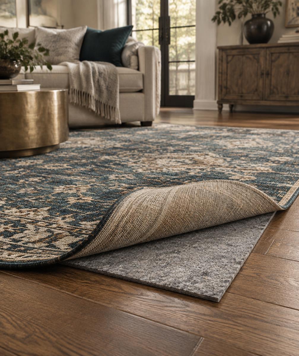 Area rug lifted to show a fitted quality rug pad