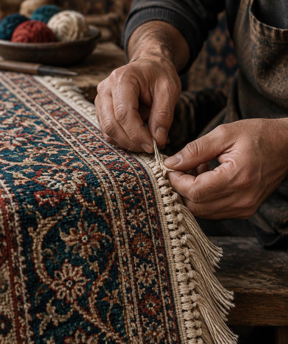Careful hand repair along the edge and fringe of an Oriental area rug